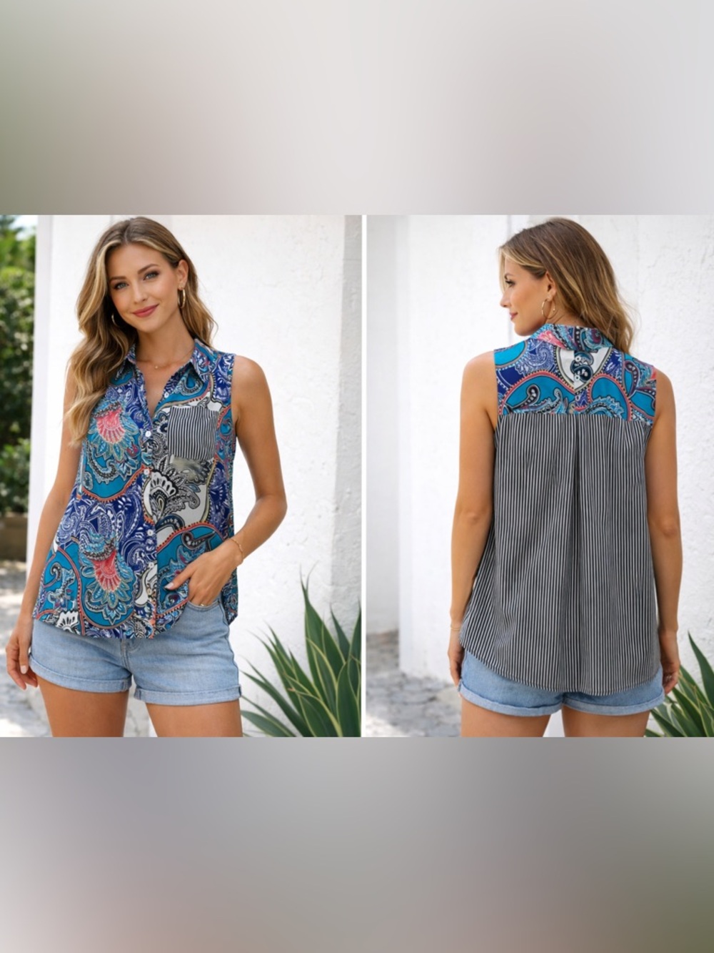 Chico's Teal and Navy Paisley Top